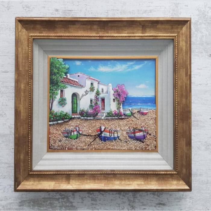 Alaçatı Houses And Beach Paper Relief Wooden Painting