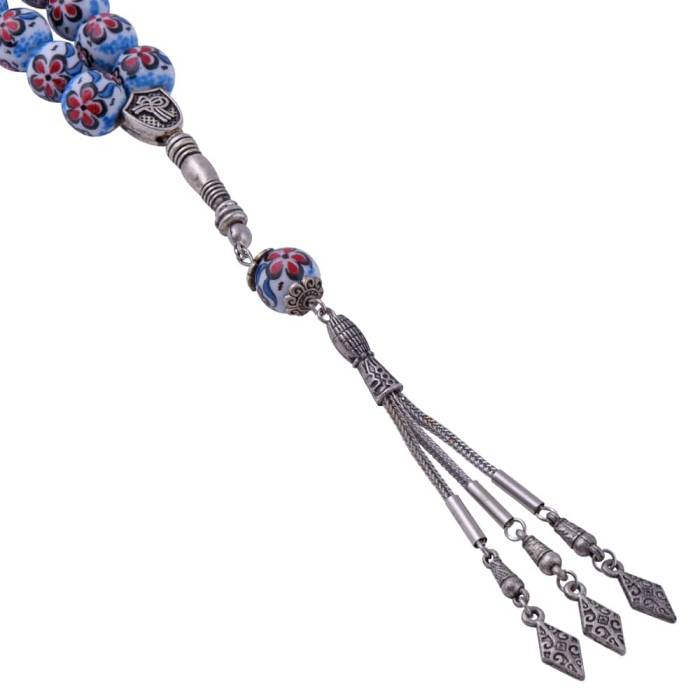 White-Blue Tile Rosary with Spring Motif