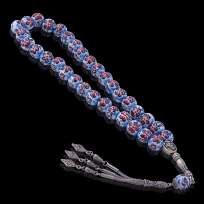 White-Blue Tile Rosary with Spring Motif - Thumbnail