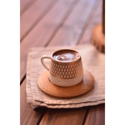 Bambum Hattat 6 Kişilik Desen Altlıklı Kahve Takımı - Thumbnail