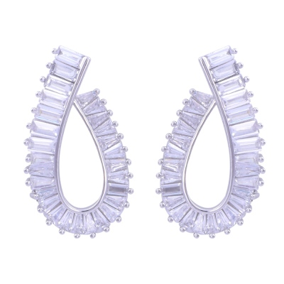 Women 925 Sterling Silver Earrings (ZRK 2160) with Crossed Baguette Stone - nusnus