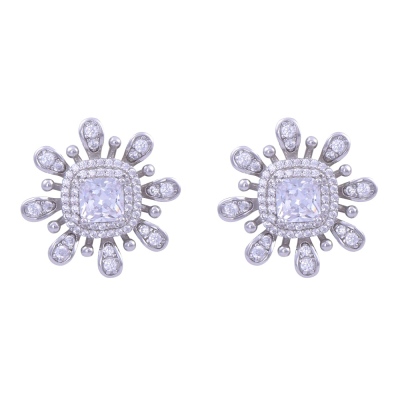 Women 925 Sterling Silver Earrings (ZRK 2160) Big Baguette Stone Flower Model - nusnus