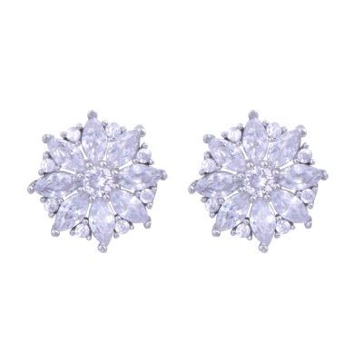 Women 925 Sterling Silver Earrings (ZRK 2200) Flower Model with Star Baguette Stone - nusnus