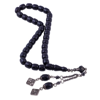 nusnus - Black Katalin Capsule Cut Rosary 13.30 Gr 925 Sterling Silver Tassel ST16