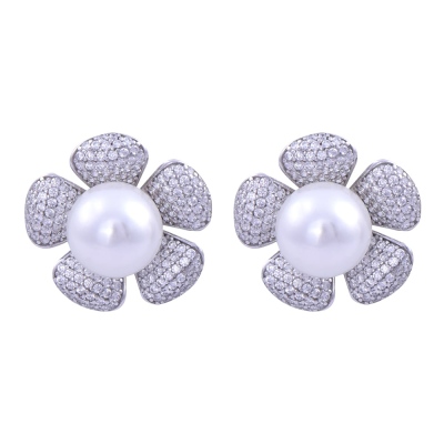 925 Sterling Silver Earrings with Flower Pearl Stone - nusnus