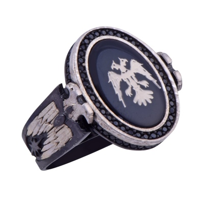 Double Headed Eagle Model Men's Silver Ring 14.9 gr - Thumbnail