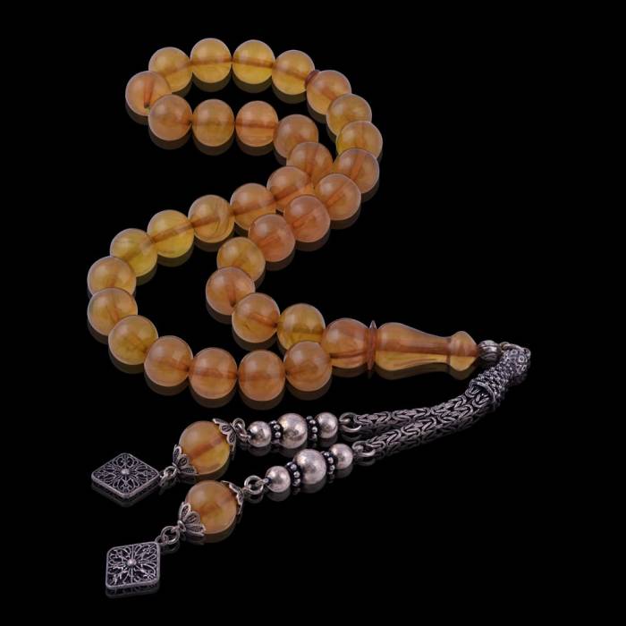 Crimped Amber Rosary 925 Sterling Silver Tasseled SB02
