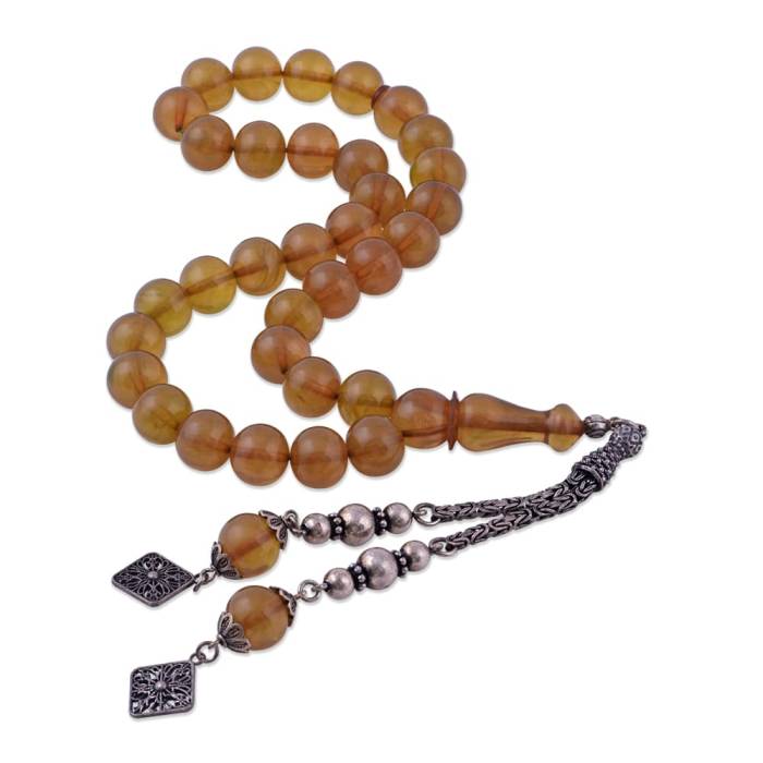 Crimped Amber Rosary 925 Sterling Silver Tasseled SB02