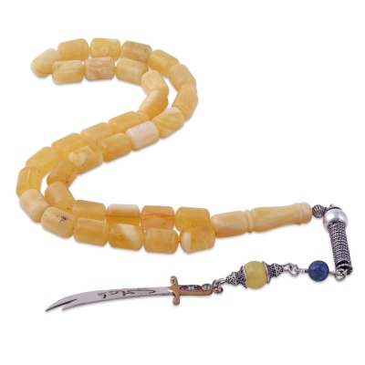 nusnus - Drop Amber 10 mm Capsule Cut 40.9 gr Milky Fossil Rosary with System 16 gr Silver Tassel
