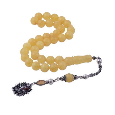 nusnus - Drop Amber 11 mm Sphere Cut 33.8 gr System Milky Colour Rosary 15 Gr Silver Tassel