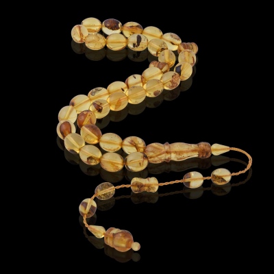 Drop Amber Globe Cut 29.6 gr 12x10 mm Fossil Rosary with System - Thumbnail