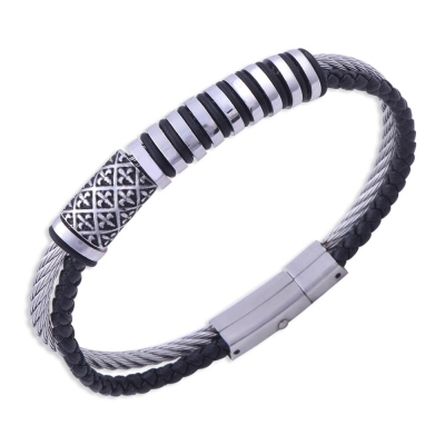 nusnus - Erkek Çelik Siyah Gümüş Kelepçeli Bileklik CB 5004 NS-06211