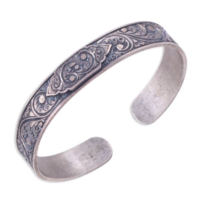Men's Silver Pencil Engraved Cuff Bracelet No 1
