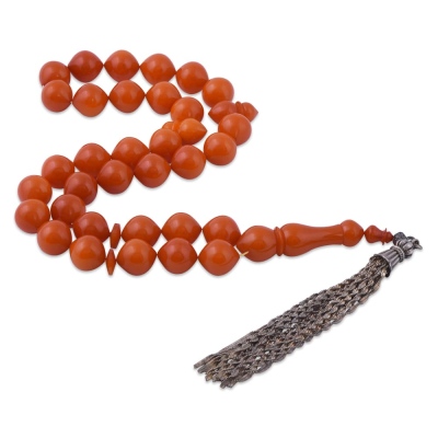 İstanbul Kesim Turuncu Sıkma Kehribar 925 Ayar Gümüş Püsküllü Tesbih TB73 - nusnus