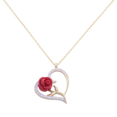 nusnus - Red Rose with Heart 925 Sterling Silver Women's Silver Necklace Gold