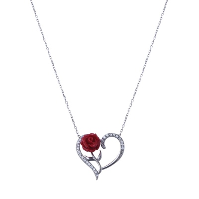 nusnus - Red Rose with Heart 925 Sterling Silver Women's Silver Necklace Silver Colour
