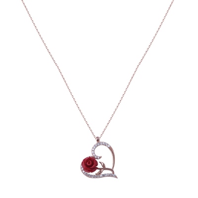 nusnus - Red Rose with Heart 925 Sterling Silver Necklace Rose Gold