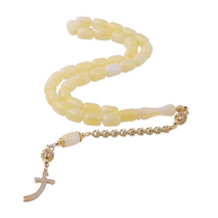 Capsule Cut Squeezing Amber Rosary with Silver Tassel 7.65 Gr Silver