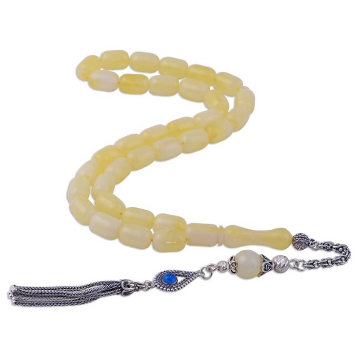 Capsule Cut Squeezing Amber Rosary with Silver Tassel 8.15 Gr Silver