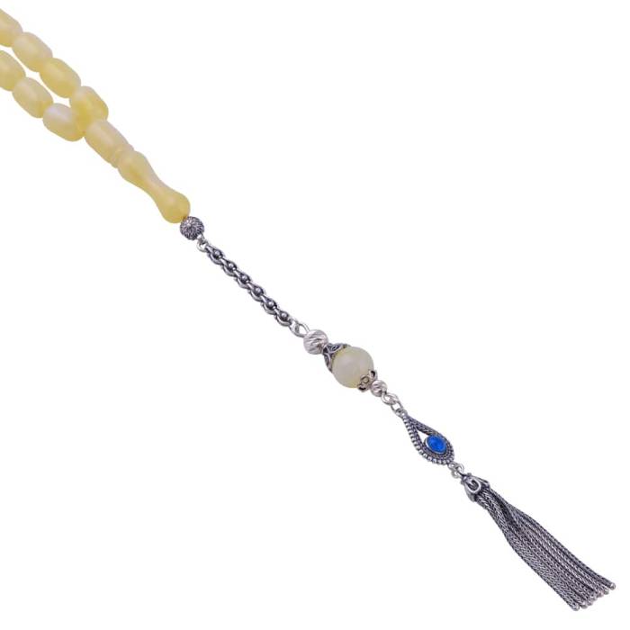 Capsule Cut Squeezing Amber Rosary with Silver Tassel 8.15 Gr Silver