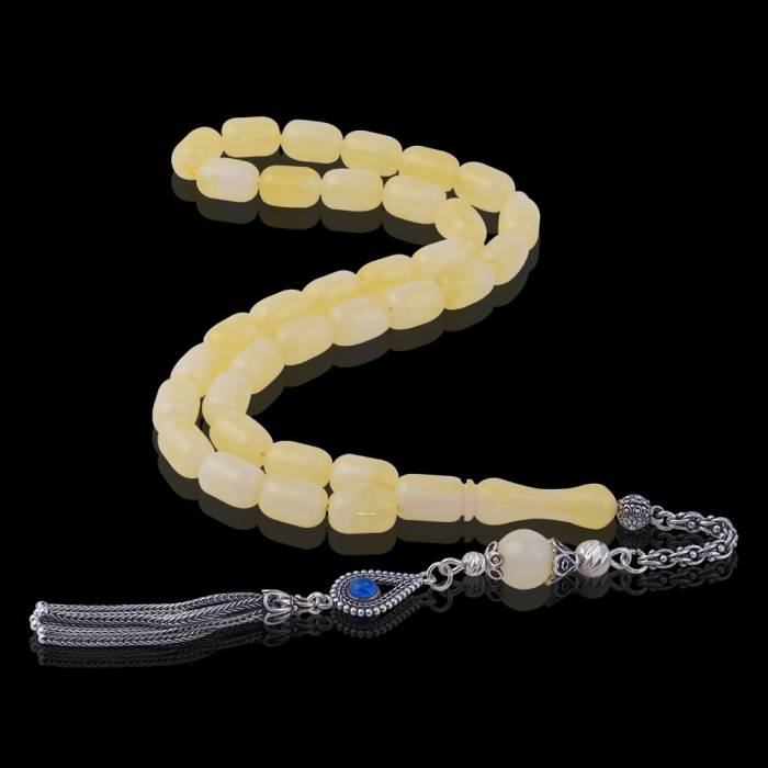 Capsule Cut Squeezing Amber Rosary with Silver Tassel 8.15 Gr Silver