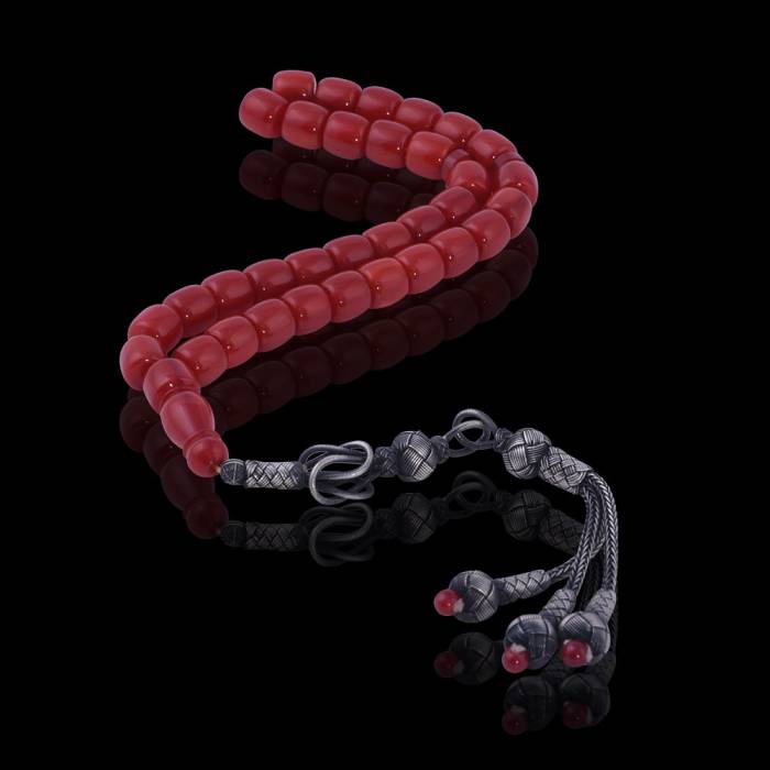 Capsule Cut Kazazaz Squeezing Amber Rosary with Silver Tassel 9.70 Gr Silver