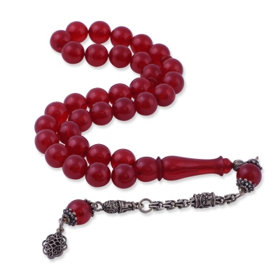 nusnus - Red Globe Cut Squeezing Amber Rosary 925 K sterling silver tasselled 7 Gr