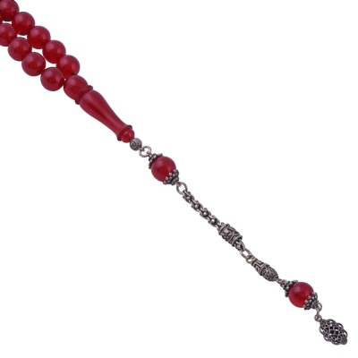 Red Globe Cut Squeezing Amber Rosary 925 K sterling silver tasselled 7 Gr - 2