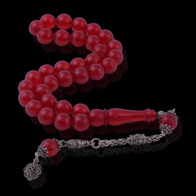 Red Globe Cut Squeezing Amber Rosary 925 K sterling silver tasselled 7 Gr - 3