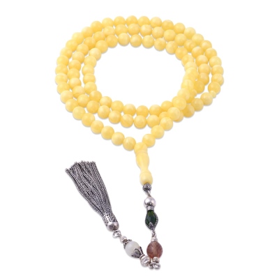 Küre Kesim 99 lu Gümüş Püsküllü Sıkma Kehribar Tesbih 16.25 Gr Gümüş - nusnus