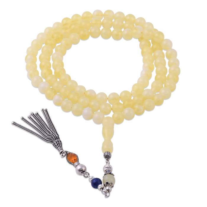 Spherical Cut 99 Silver Tasseled Squeezing Amber Rosary 8.70 Gr Silver