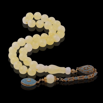 Globe Cut Squeezing Amber Rosary with Silver Tassel 9.7 Gr Silver - Thumbnail