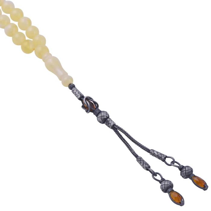 Sphere Cut Kazazaz Squeezing Amber Rosary with Silver Tassel 9.20 Gr Silver