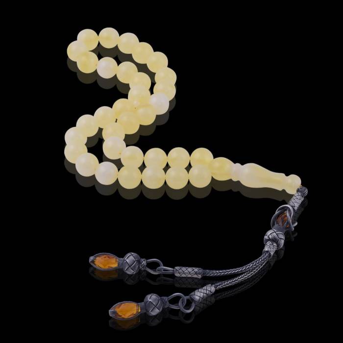 Sphere Cut Kazazaz Squeezing Amber Rosary with Silver Tassel 9.20 Gr Silver