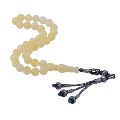 Küre Kesim Kazaz Gümüş Püsküllü Sıkma Kehribar Tesbih 9.60 Gr Gümüş - nusnus