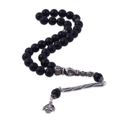 nusnus - Globe Cut Onyx Stone Silver Tasselled Rosary T-1140