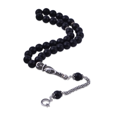 nusnus - Globe Cut Onyx Stone Silver Tasselled Rosary T-1141