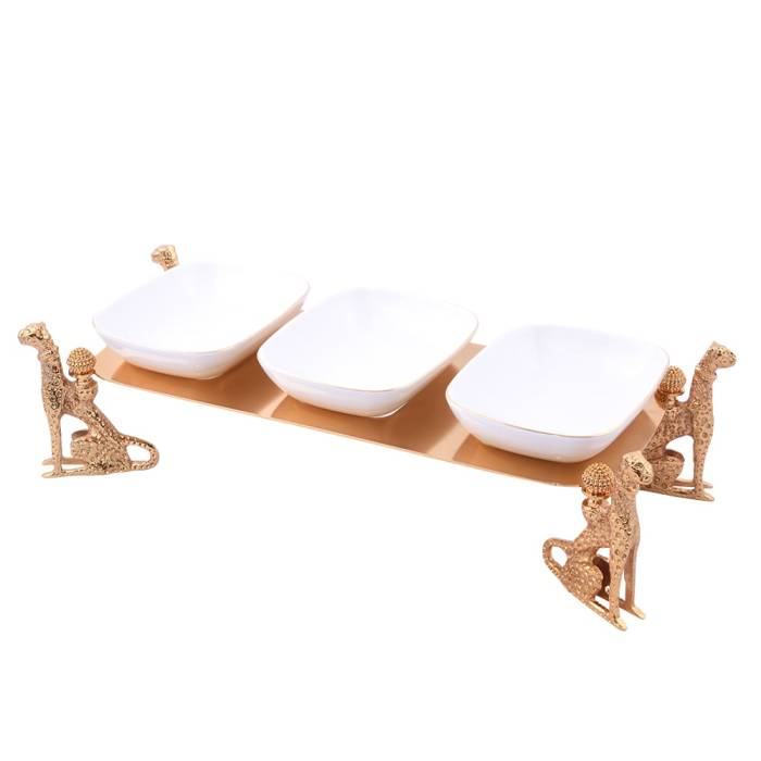 Leopard 3-Piece Cookie Holder (Stand: 17X35 Cm-Height: 10 Cm Bowls: 10X13 Cm)