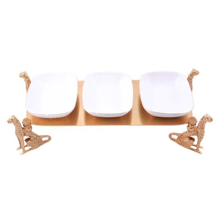 Leopard 3-Piece Cookie Holder (Stand: 17X35 Cm-Height: 10 Cm Bowls: 10X13 Cm)