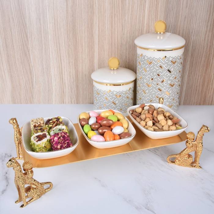 Leopard 3-Piece Cookie Holder (Stand: 17X35 Cm-Height: 10 Cm Bowls: 10X13 Cm)