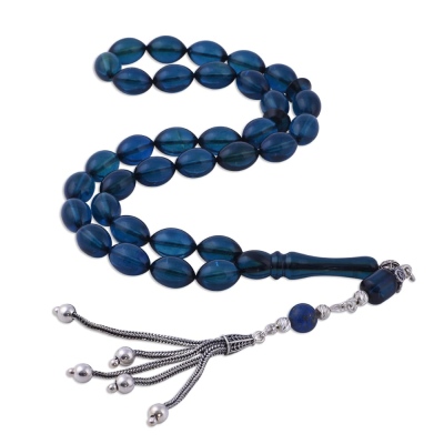 nusnus - Blue Barley Cut 12x8 mm Drop Amber Rosary 16.7 gr Rosary