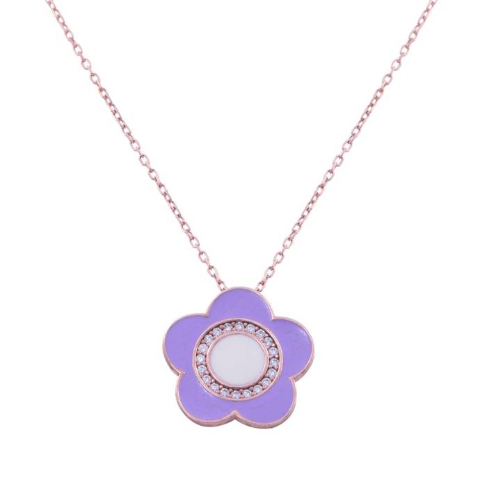 Purple Flower Patterned Silver Necklace 2.7 Gr