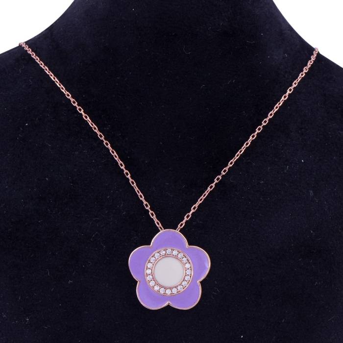 Purple Flower Patterned Silver Necklace 2.7 Gr