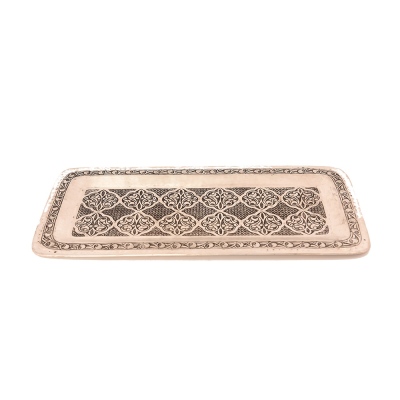nusnus - Nusnus 12 Motif İşlemeli Bakır Dikdörtgen Kalaylı Tepsi El Yapımı 38x18 cm