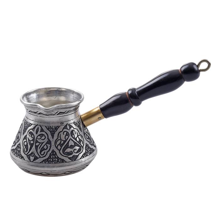 Nusnus Bakır Kahverengi Ahşap Saplı Oval Lale Motif Cezve Gümüş Küçük Boy No:1 - 1