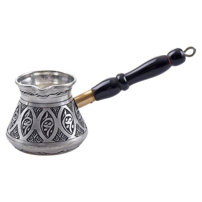 Nusnus Copper Black Wooden Handle Oval Tulip Motif Coffee Pot Silver Small Size No:1