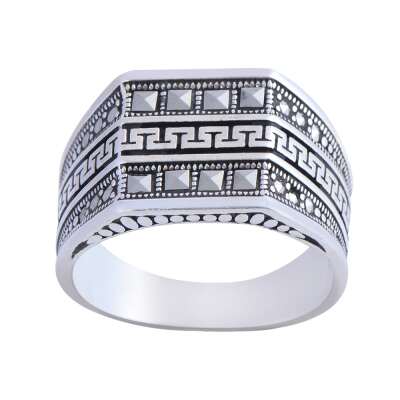 925 Sterling Silver Men's Ring with Nusnus Stone Zigzag Pattern - nusnus