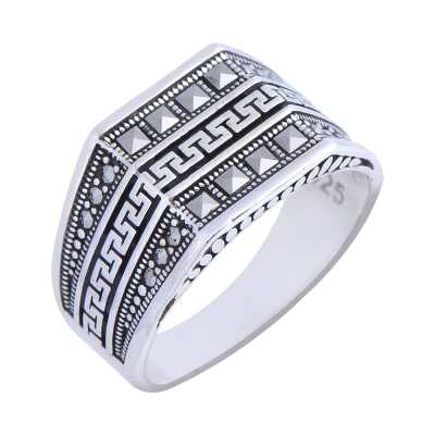 Nusnus Taşlı Zikzak Desenli 925 Ayar Gümüş Erkek Yüzük - 2