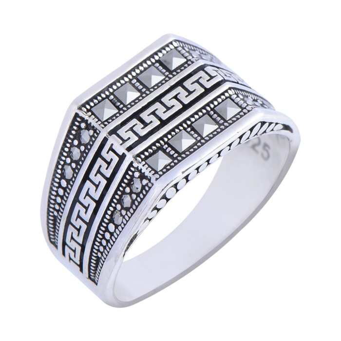 Nusnus Taşlı Zikzak Desenli 925 Ayar Gümüş Erkek Yüzük - 2