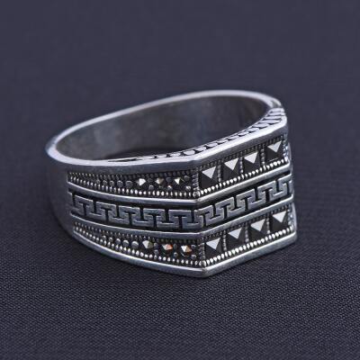 Nusnus Taşlı Zikzak Desenli 925 Ayar Gümüş Erkek Yüzük - 3